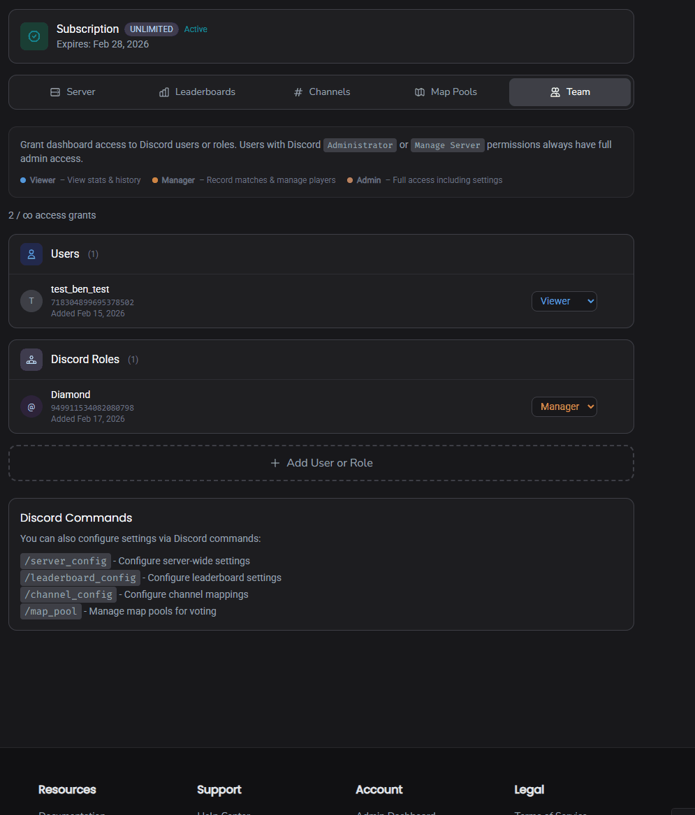 Adding a team member: entering a Discord user ID, setting a display name, and selecting the Manager permission level