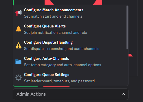 The Admin Actions dropdown expanded on a queue message, showing configuration categories