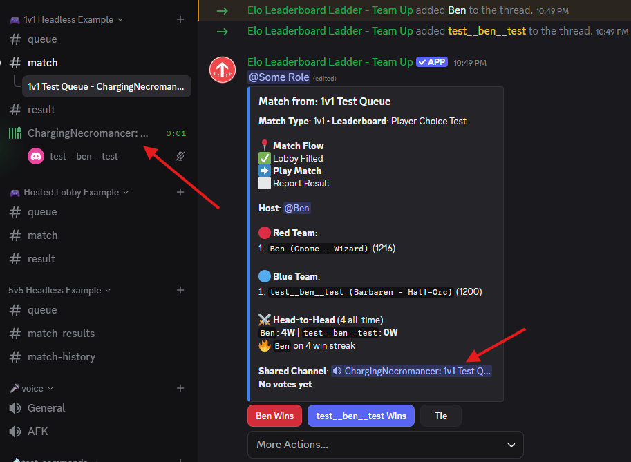 Discord channel list showing auto-created voice channels and a private thread for a match