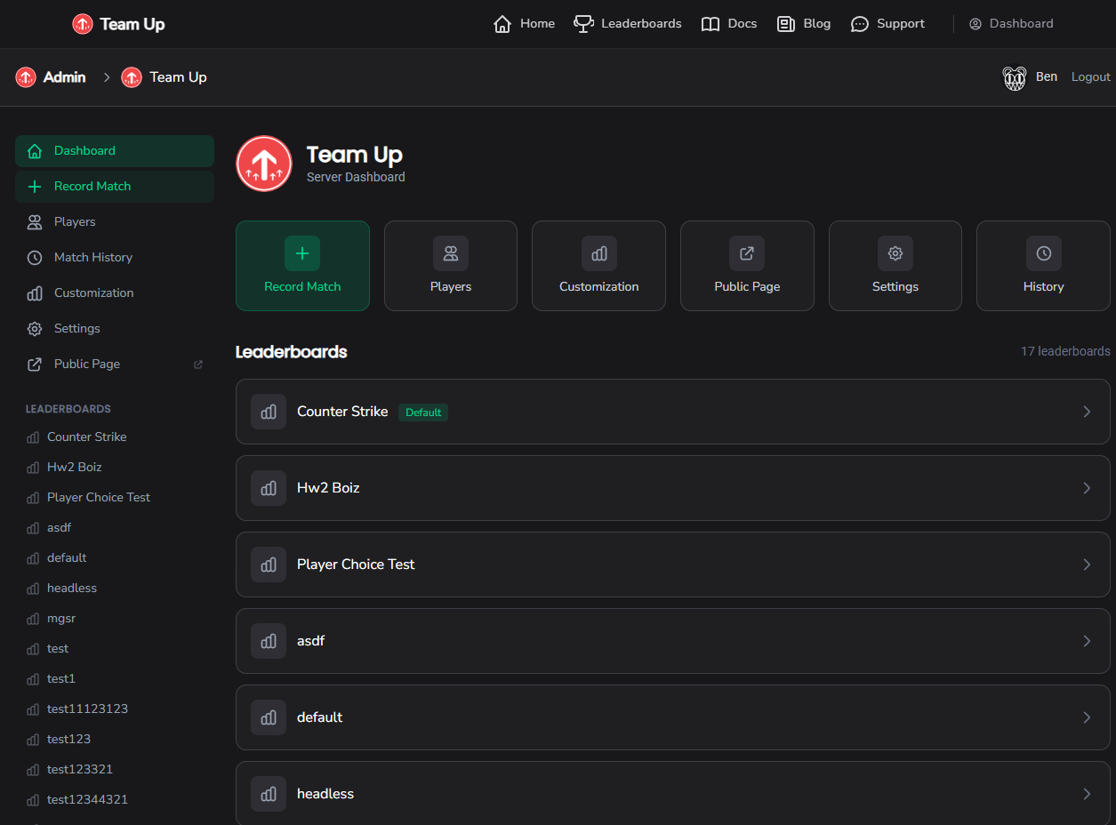 The server dashboard home page with quick-action cards for Record Match, Players, Match History, and more