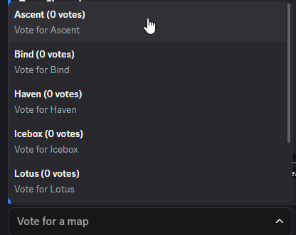Map vote message showing Valorant maps with vote buttons