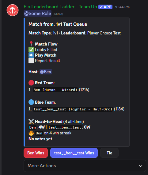 The match message with voting buttons: Red Wins, Blue Wins, Tie, and Cancel Match