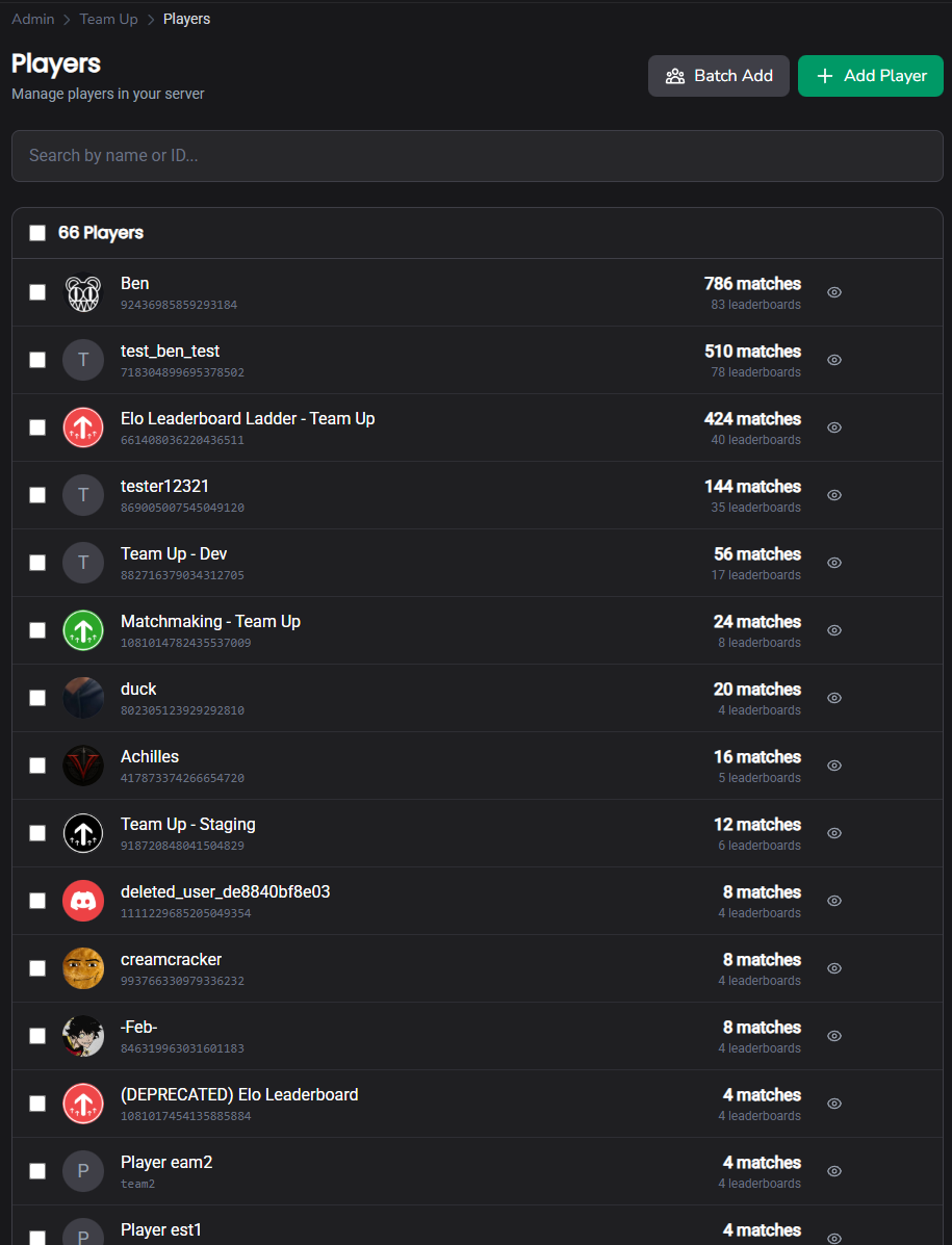 The players management page with search, batch actions, and player list