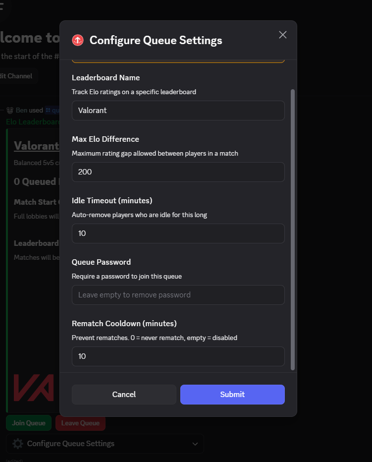 A queue settings form showing options like idle timeout, rematch cooldown, and max rating difference