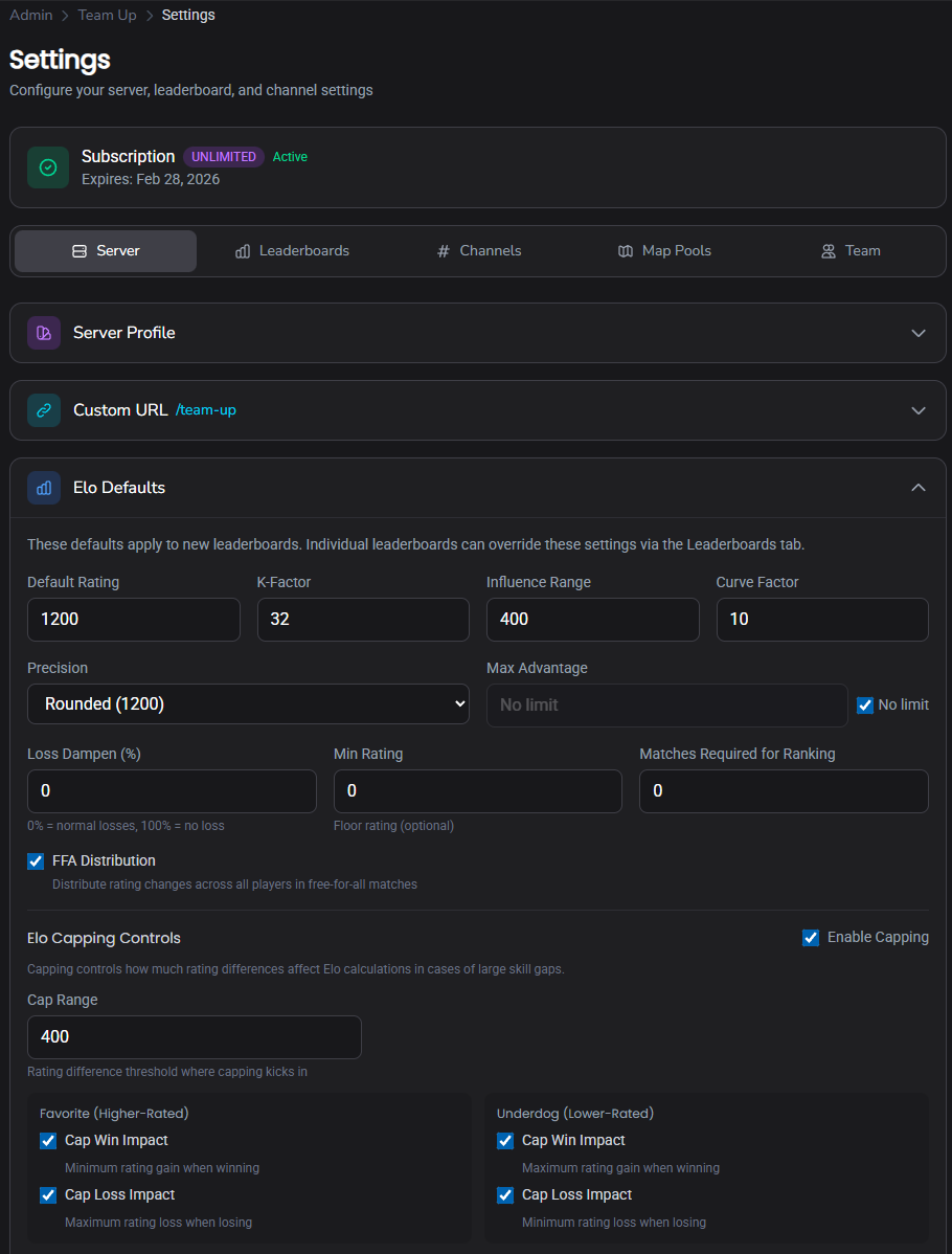 Server settings page showing Elo defaults configuration with K-factor, precision, and rating options