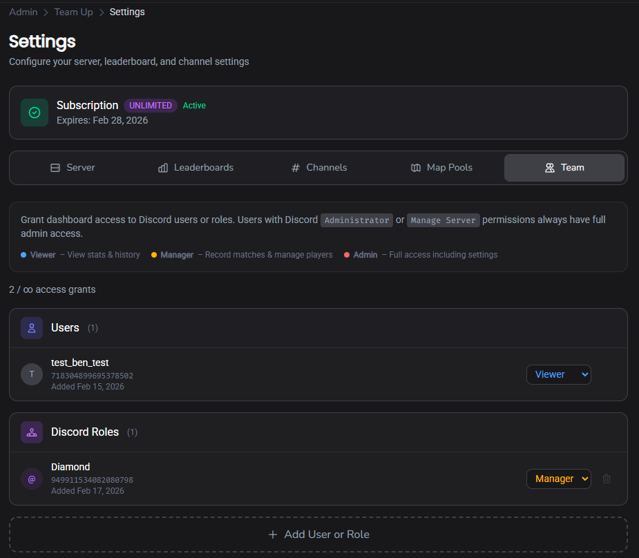 The Team tab in Settings showing user and role grants with color-coded permission levels